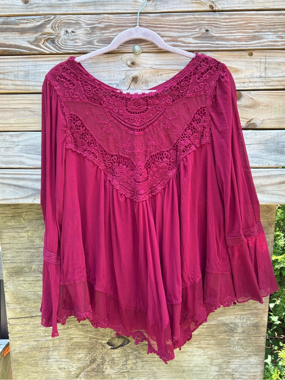 Ultra Pink Boho Lace Yoke Long-Sleeve Women's Top Size Large